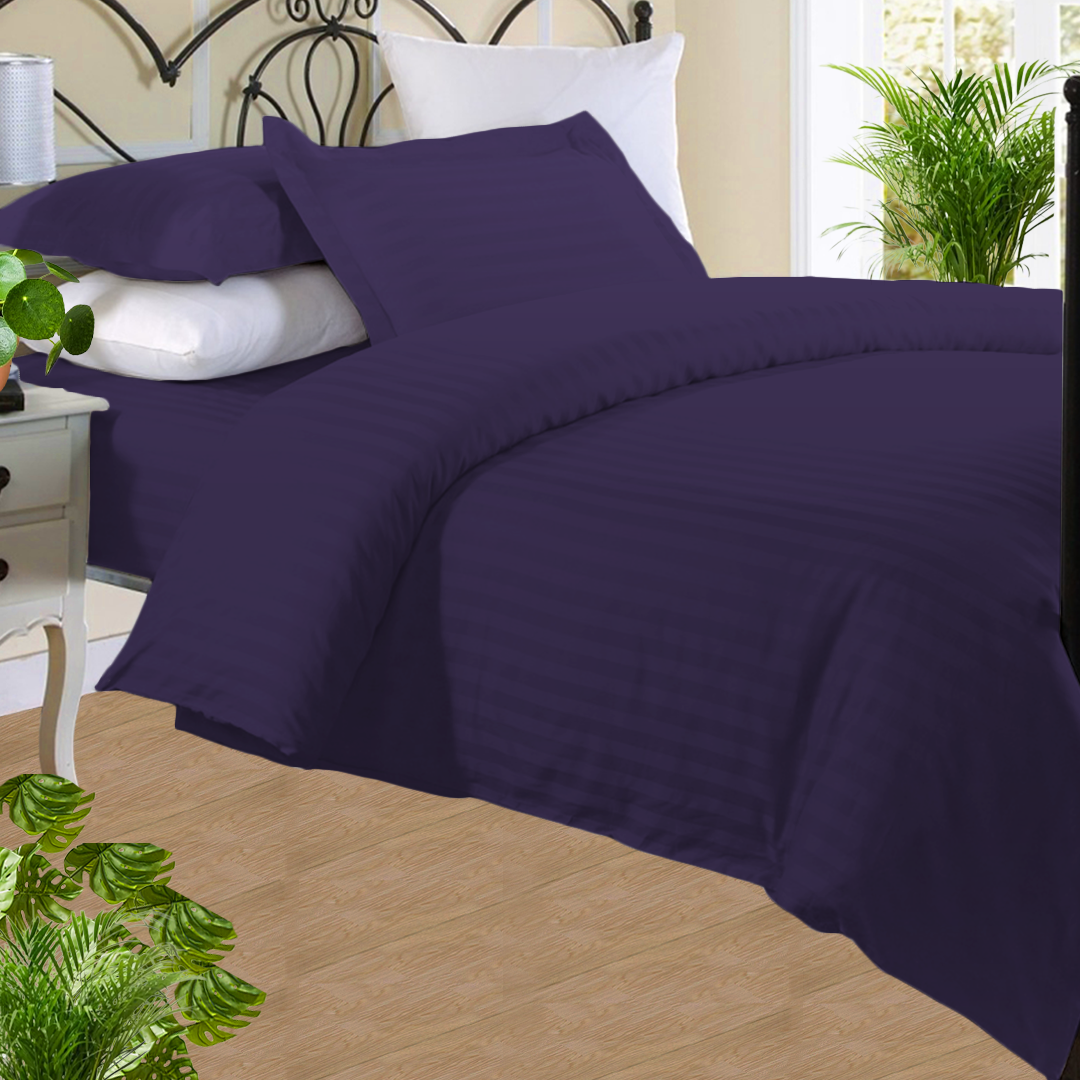 Purple Stripe Duvet Cover Set with Fitted Sheet Comfy Sateen