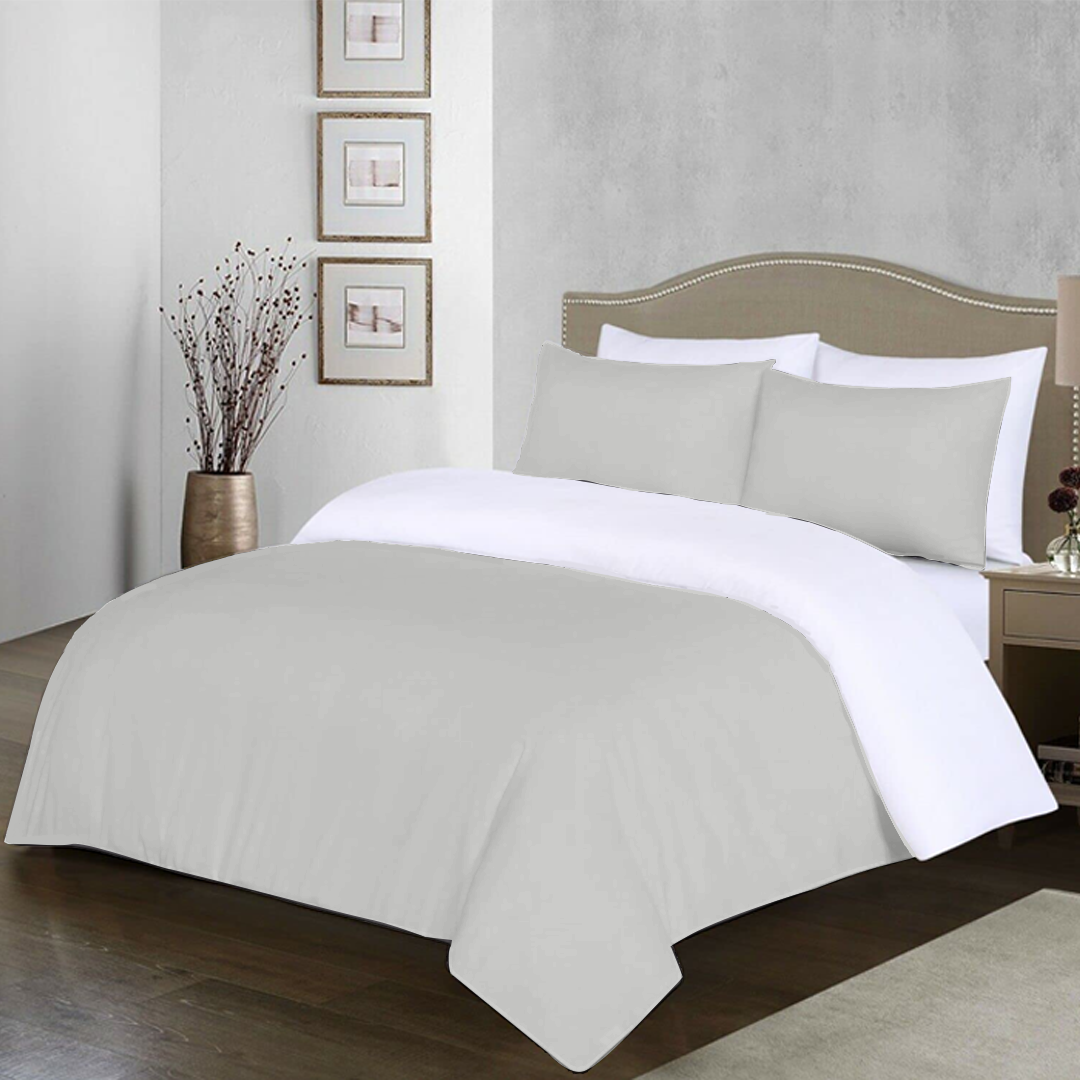 Light Grey and White Reversible Duvet Set Solid Comfy Sateen