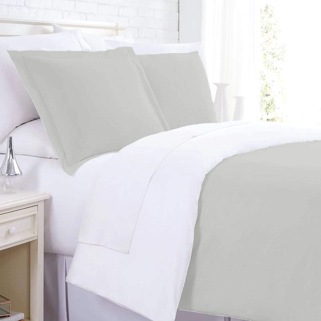 Light Grey and White Reversible Duvet Set Solid Comfy Sateen