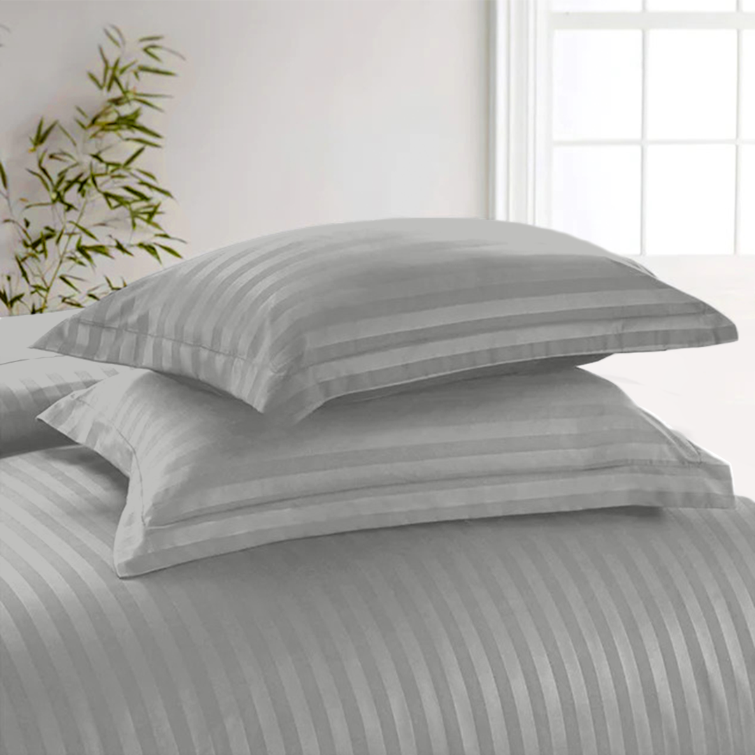 Light Grey Stripe Duvet Cover Set with Fitted Sheet Sateen Comfy