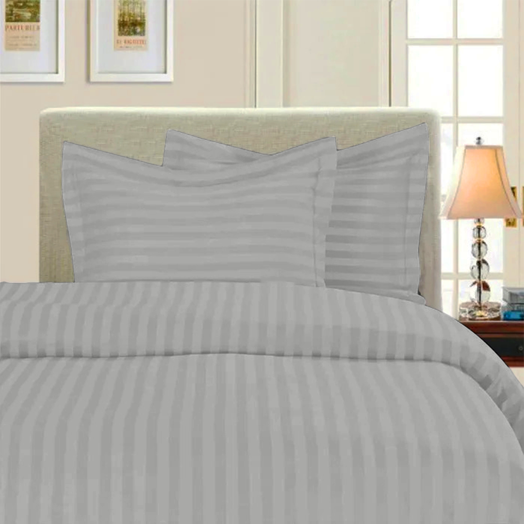 Light Grey Stripe Duvet Cover Set with Fitted Sheet Sateen Comfy