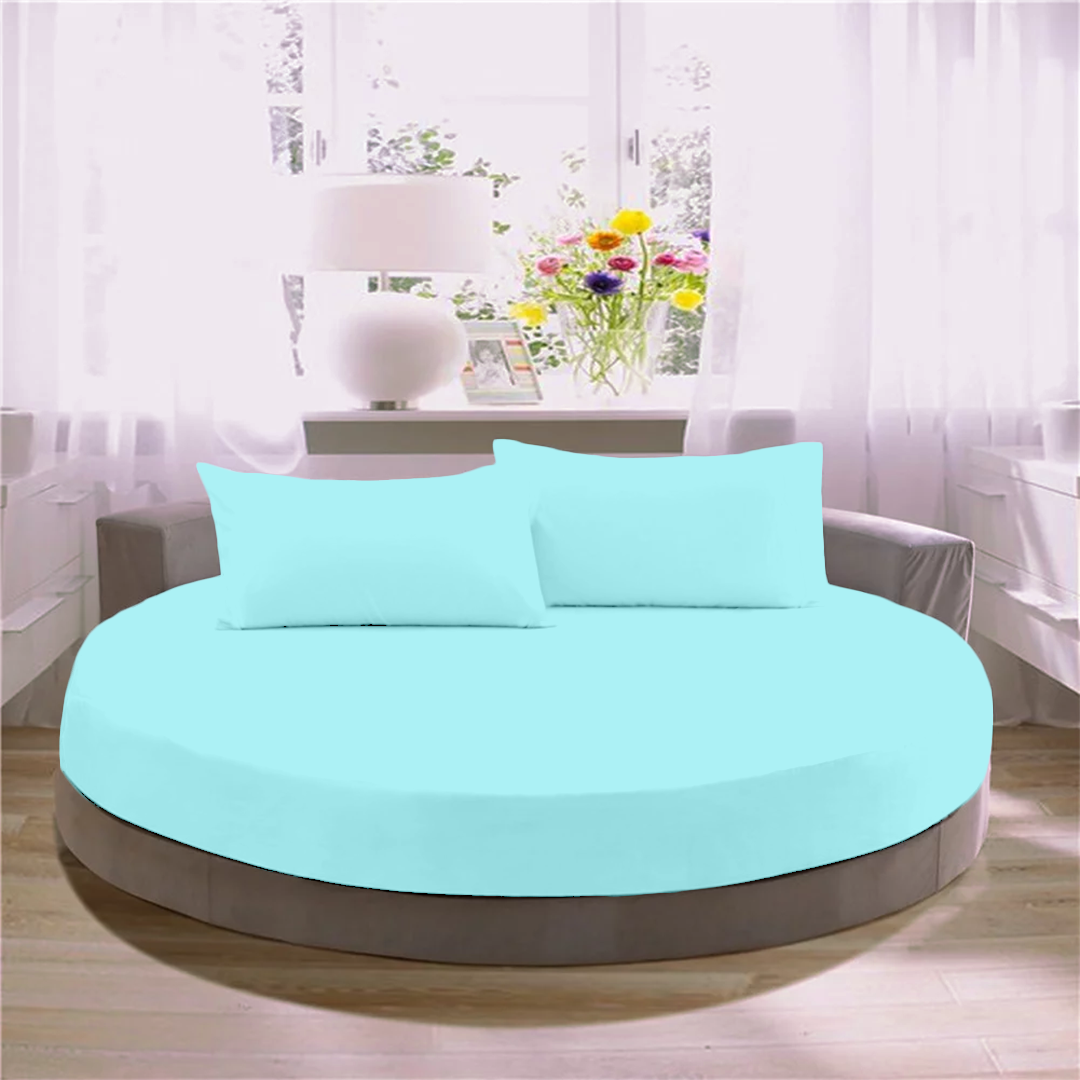 Light Blue Round Fitted Sheet with Pillowcase Bliss Solid Sateen