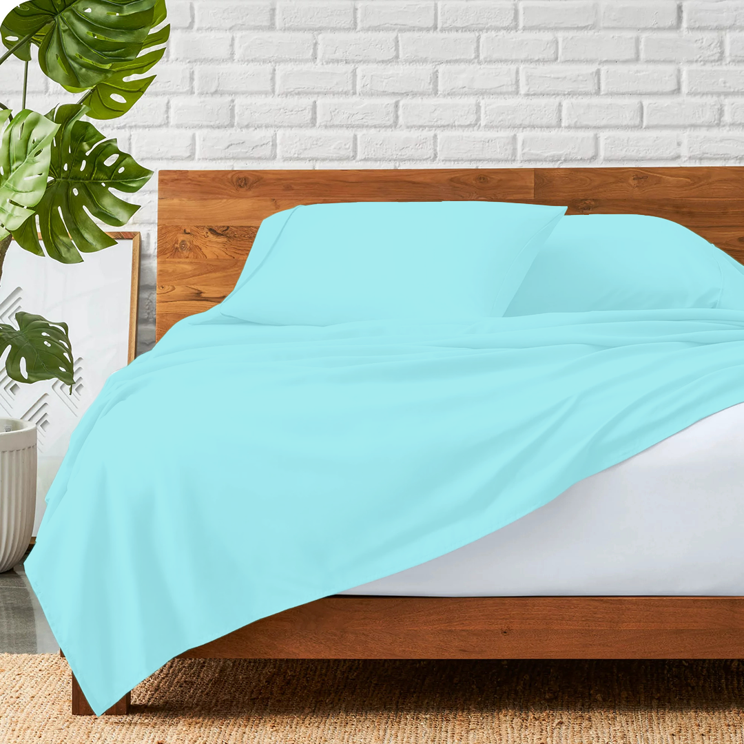 Light Blue Flat Sheet with Pillowcase Bliss Solid Sateen