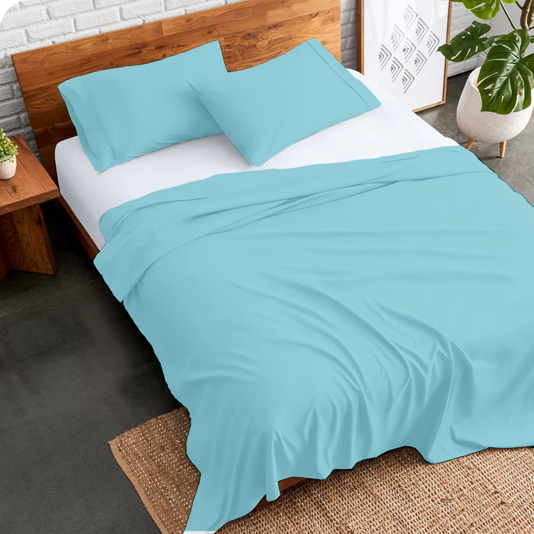 Light Blue Flat Sheet with Pillowcase Bliss Solid Sateen