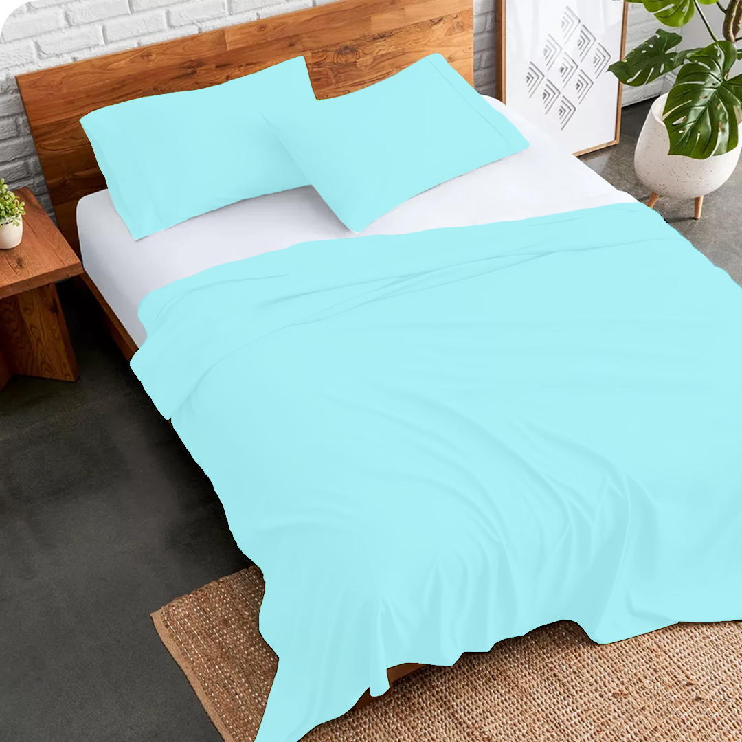 Light Blue Flat Sheet with Pillowcase Bliss Solid Sateen