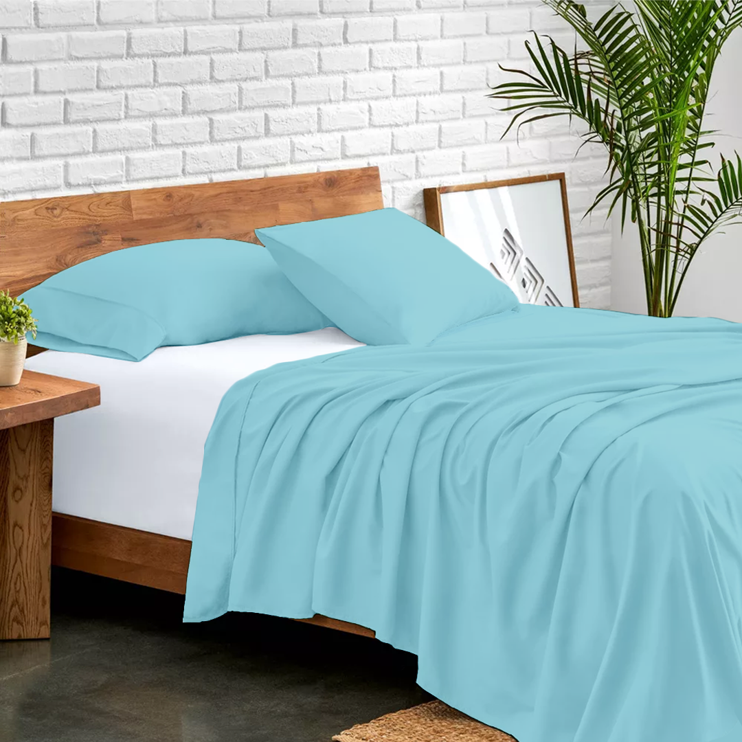 Light Blue Flat Sheet with Pillowcase Bliss Solid Sateen