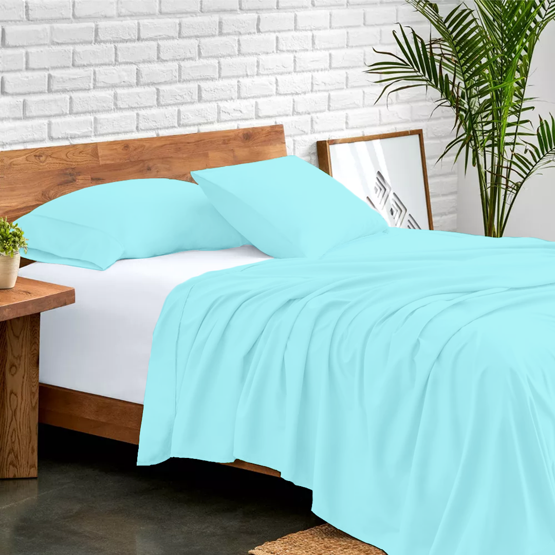 Light Blue Flat Sheet with Pillowcase Bliss Solid Sateen