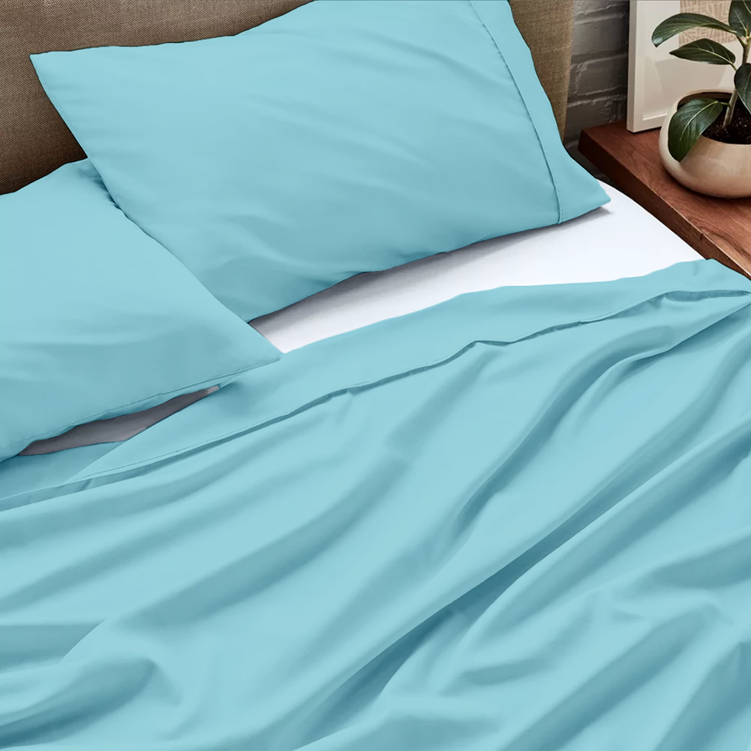 Light Blue Flat Sheet with Pillowcase Bliss Solid Sateen