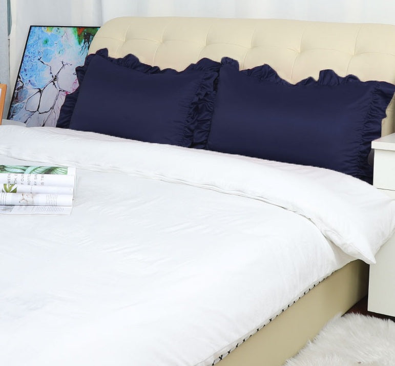 navy blue ruffle pillow shams